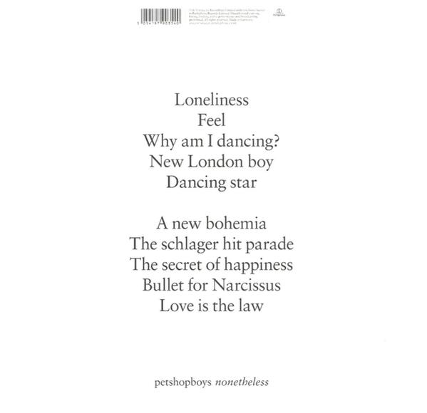 Fehér háttér dalcímek listájával: Loneliness, Feel, Why am I dancing?, New London boy, Dancing star, és mások.