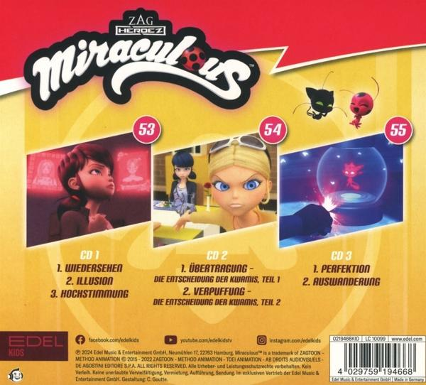 Rückseite eines Miraculous CD-Hülle mit Bildern und Songtiteln auf Französisch und Deutsch.