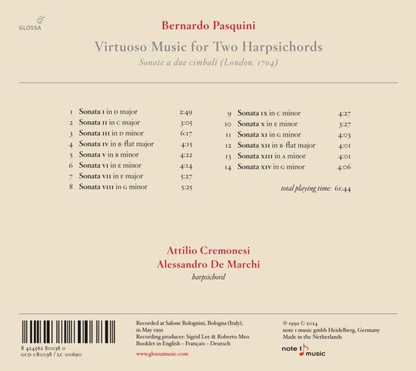 Titelseite eines Albums mit einer Liste von Sonaten von Bernardo Pasquini, aufgeführt von zwei Cembali.
