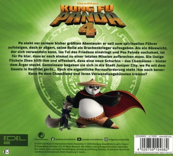 Rückseite der Kung Fu Panda 4 DVD. Panda und ein Fuchs sind auf dem Cover abgebildet.