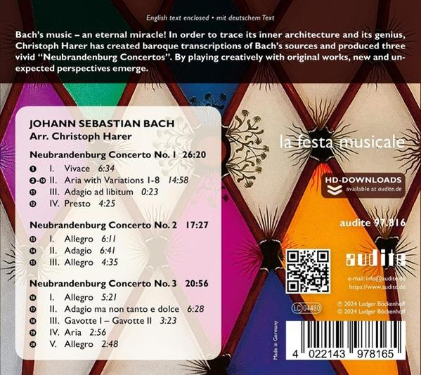 Album-Cover mit Trackliste von Bachs "Neubrandenburger Konzerten" und QR-Code.