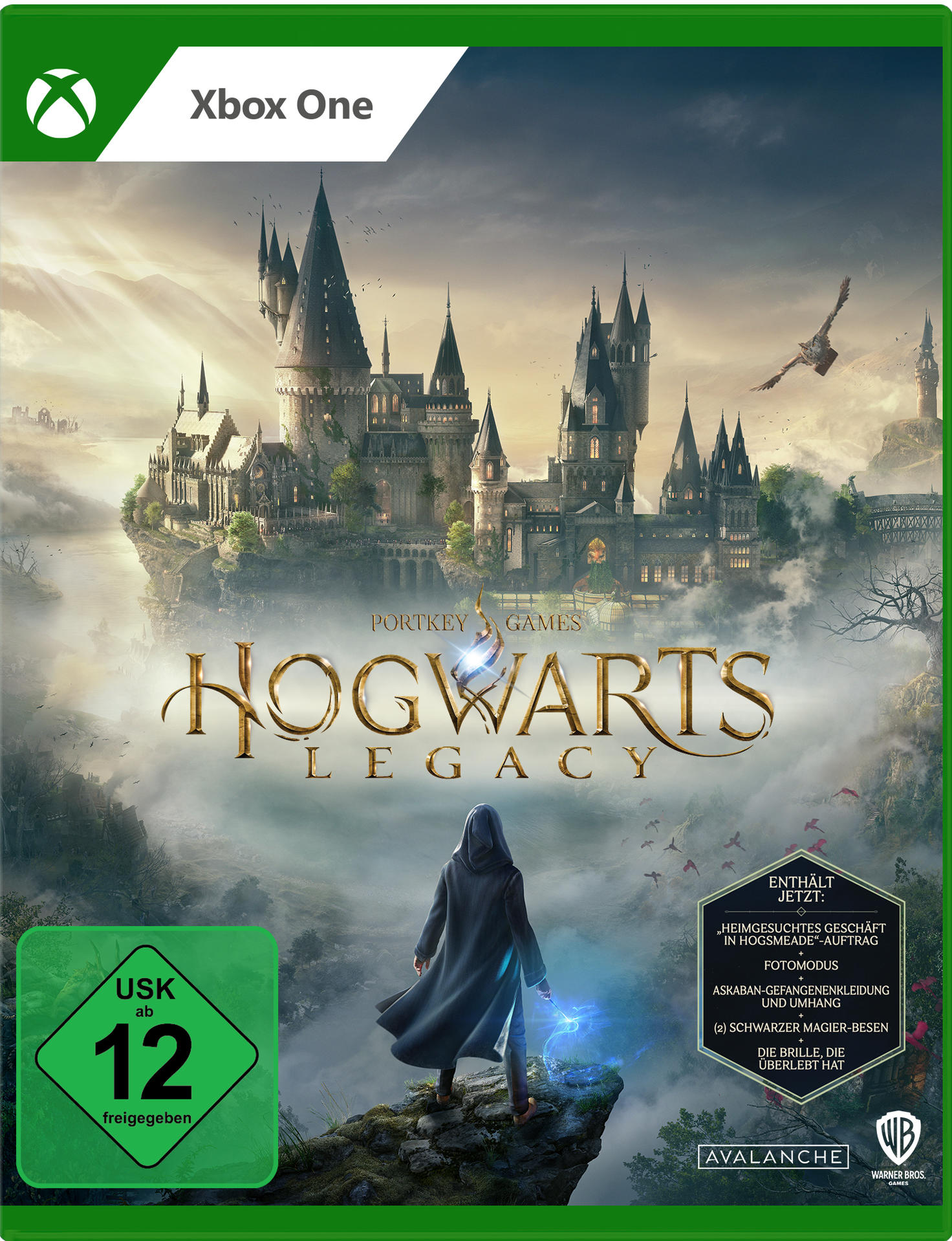 Hogwarts Legacy-Spielcover mit Schloss und Charakter.