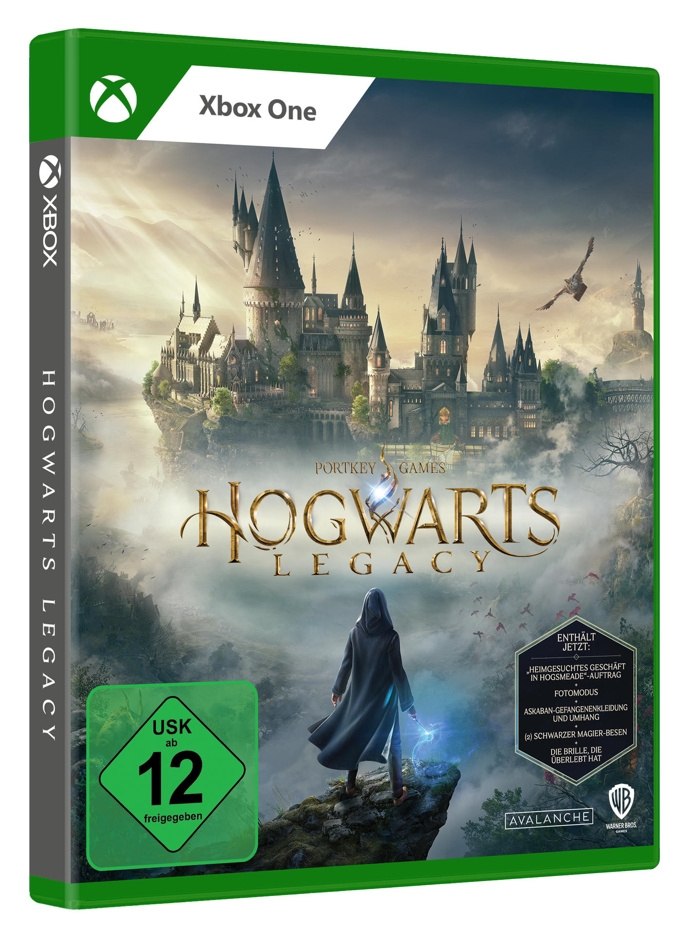 Xbox-Spielverpackung für Hogwarts Legacy. Das Cover zeigt eine Person mit Stab und Schloss.