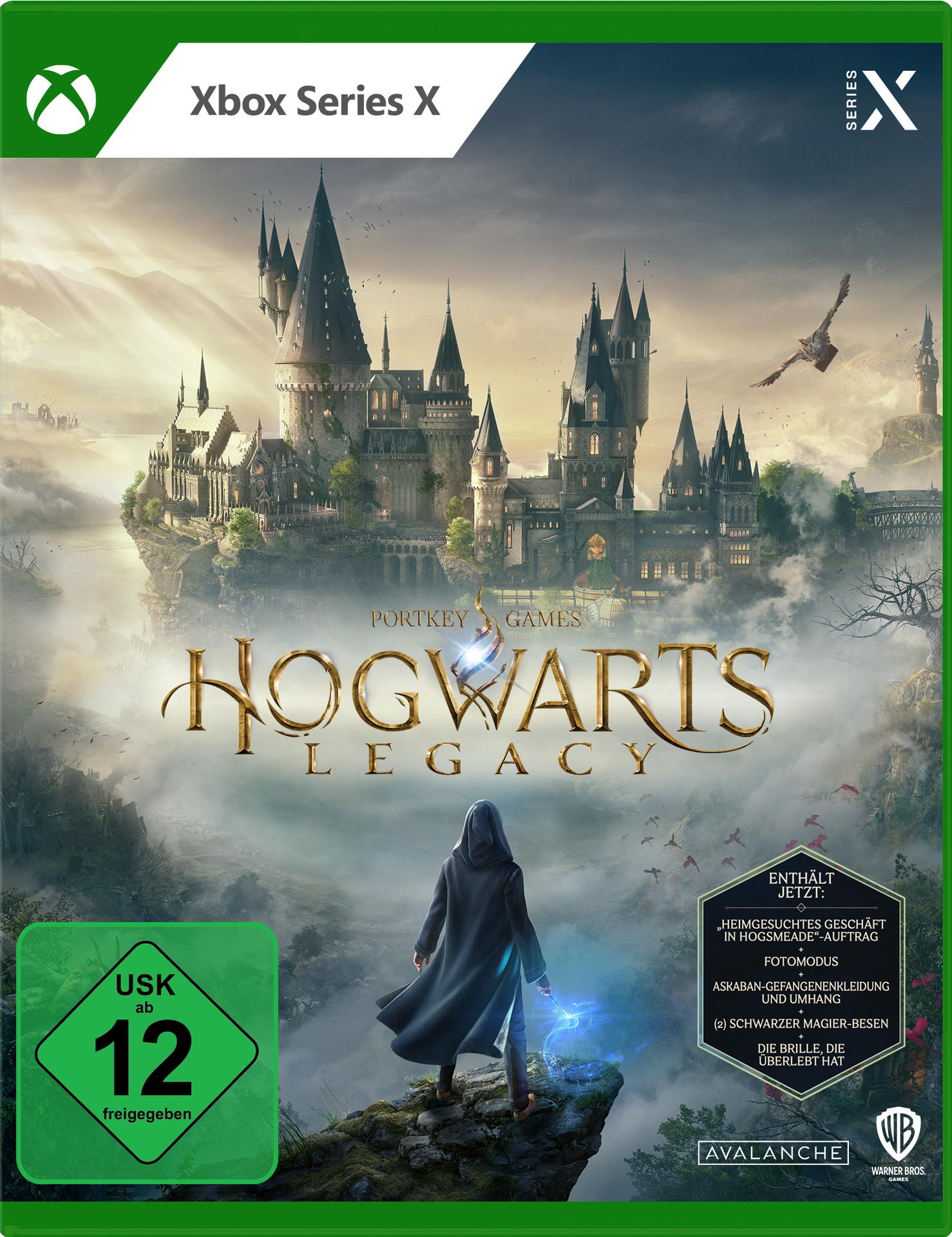 Spielcover: Hogwarts-Schloss, vermummte Gestalt und Zauberer am Himmel, grünes Banner.