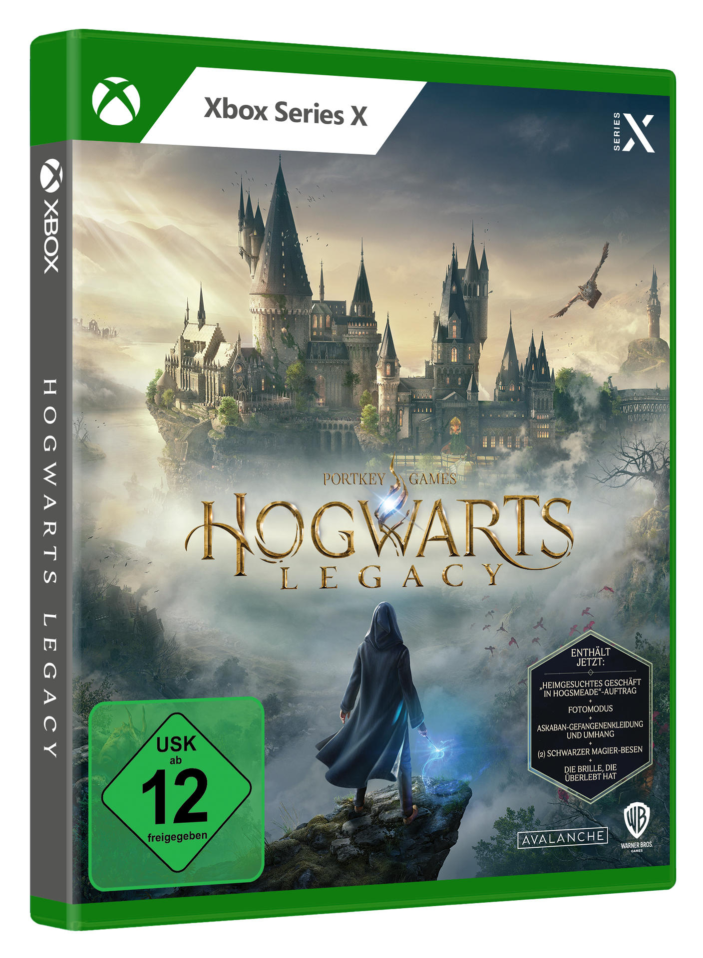 Xbox Series X Spielbox für Hogwarts Legacy, mit Zauberer auf Klippe mit Burgblick.