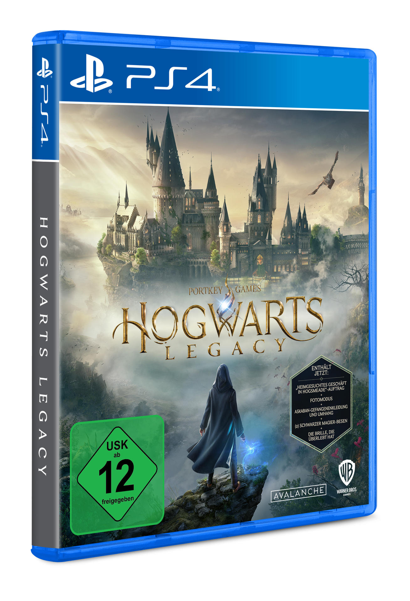 PS4-Spielbox, Hogwarts Legacy, Schloss-Szene. Eine Figur steht auf einer Klippe mit Blick auf das Schloss.