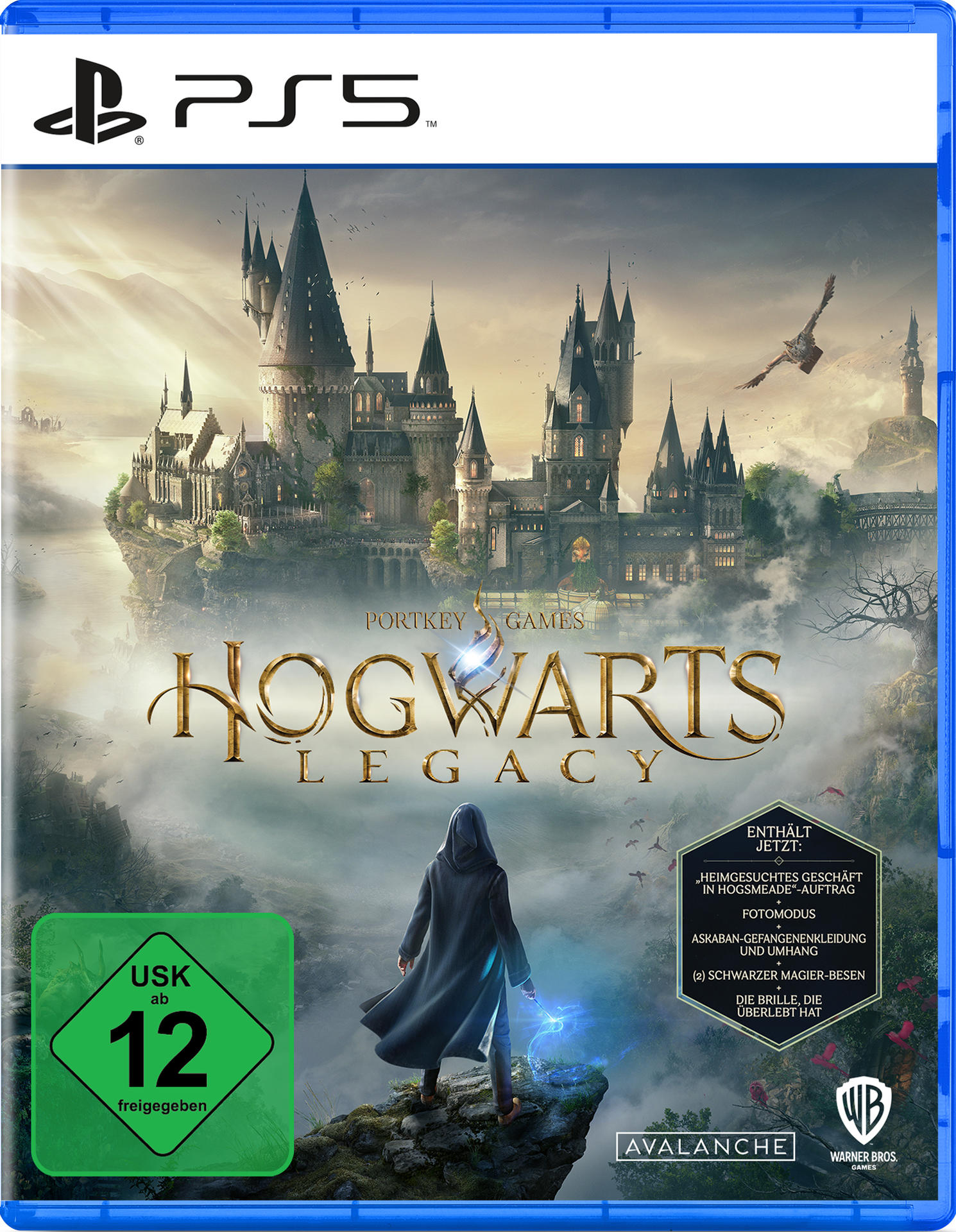 PS5-Spielcover. Hogwarts Legacy. Figur vor Hogwarts-Schloss.