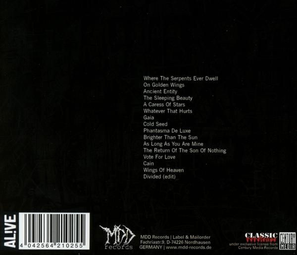 Die Rückseite einer CD mit einer Titelliste und einem Barcode. Schwarzer Hintergrund.