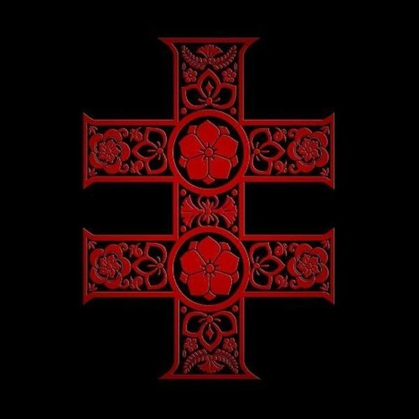 Rotes Kreuz-Design mit floralen Mustern auf schwarzem Hintergrund.