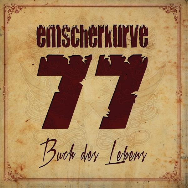 Albumcover: Text 'emscherkurve 77', 'Buch des Lebens' auf einem Vintage-Pergamenthintergrund.