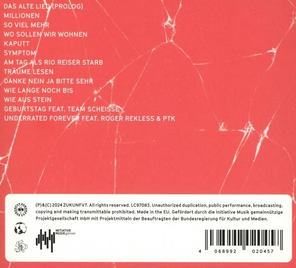 Ein rotes Albumcover mit Songtiteln in weißem Text, leicht gerissen mit weißem Etikett.