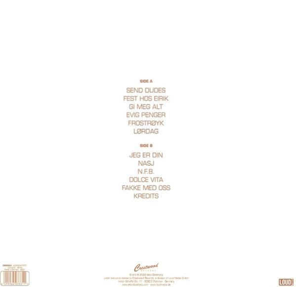 Albumcover mit Titelliste auf weißem Hintergrund. Seite A und Seite B listen Songs.