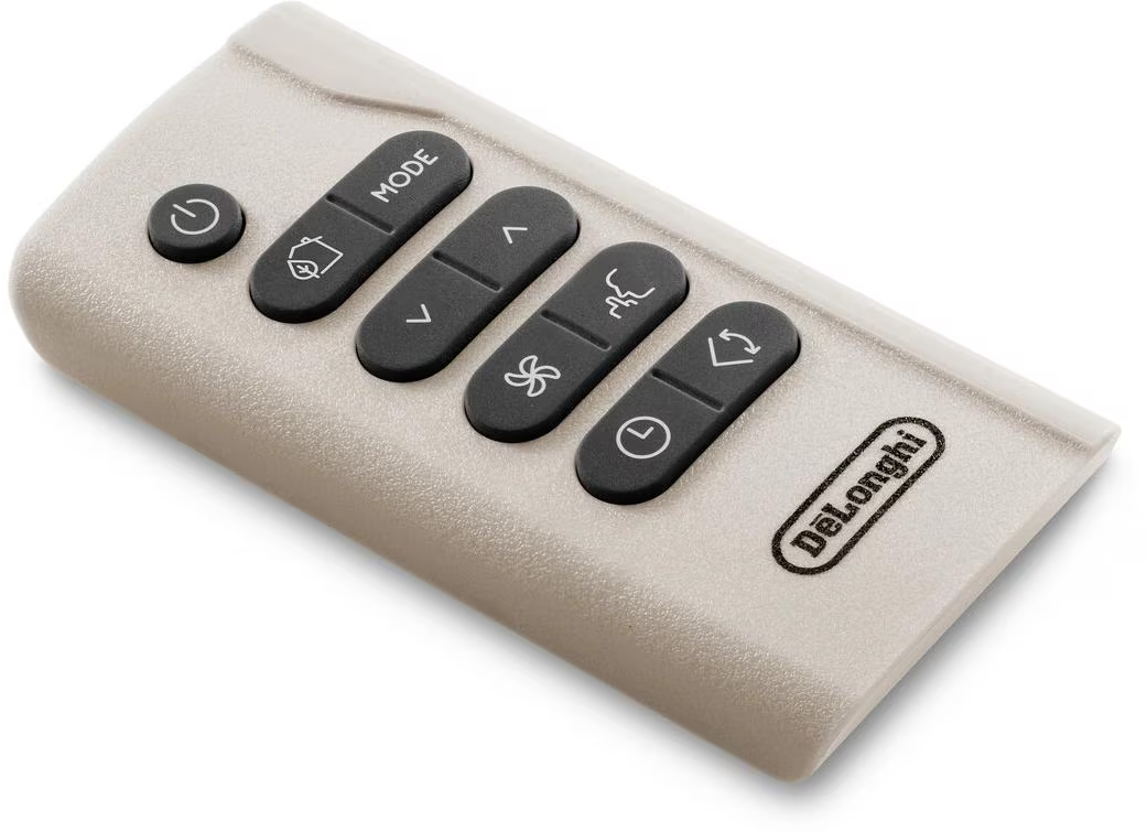 Beige Fernbedienung mit Tasten: Power, Modus, Pfeile, Ventilator, Timer.