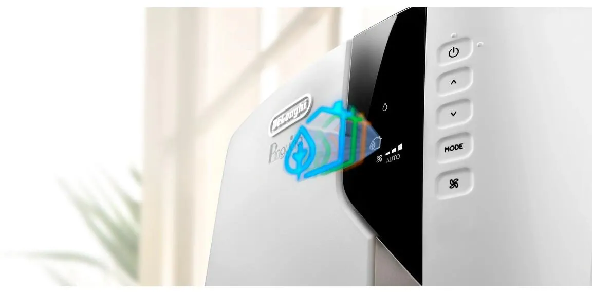 Ein weißes DeLonghi-Produkt zeigt ein beleuchtetes Bedienfeld.