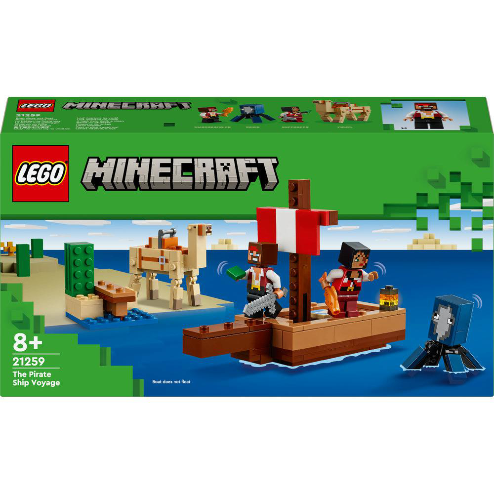 Lego Minecraft-Set-Box. Enthält ein Piratenschiff, Charaktere und ein Kamel auf einer Insel.