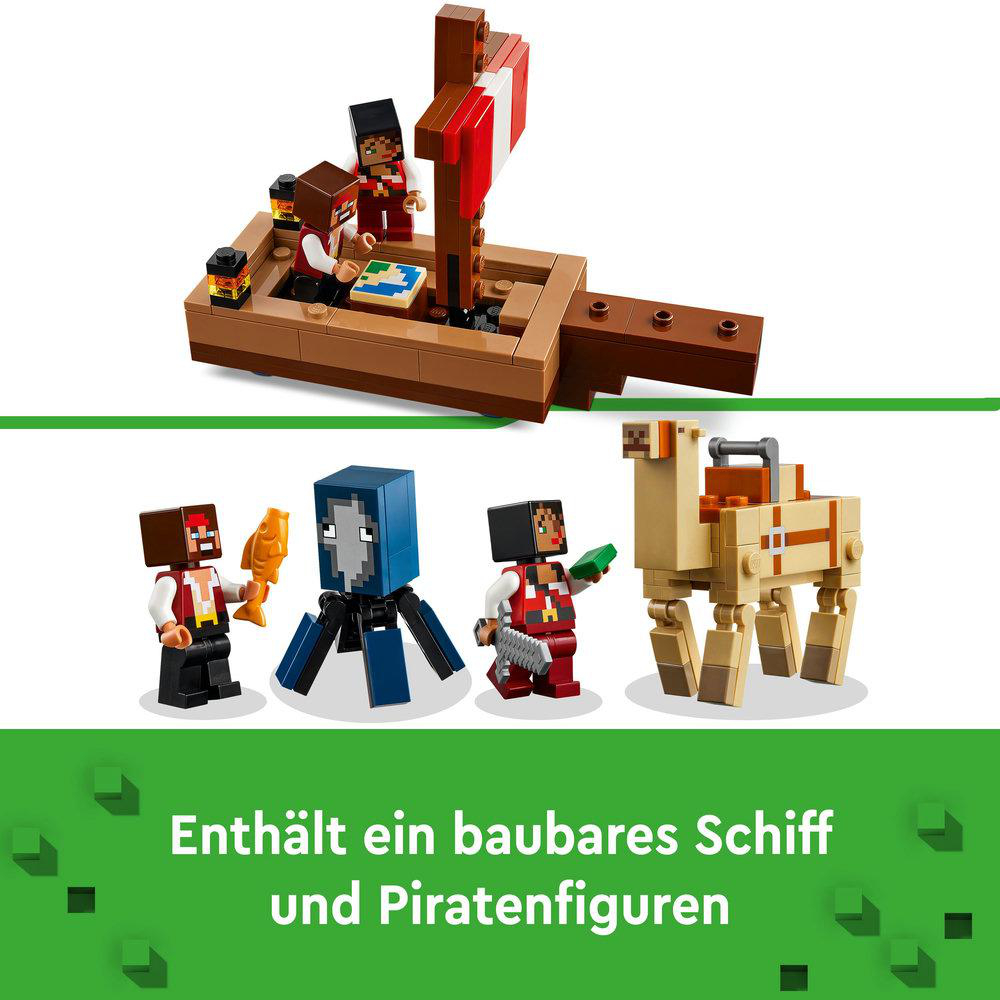 LEGO Minecraft Set: Boot mit Figuren und mehrere Minecraft-Figuren.