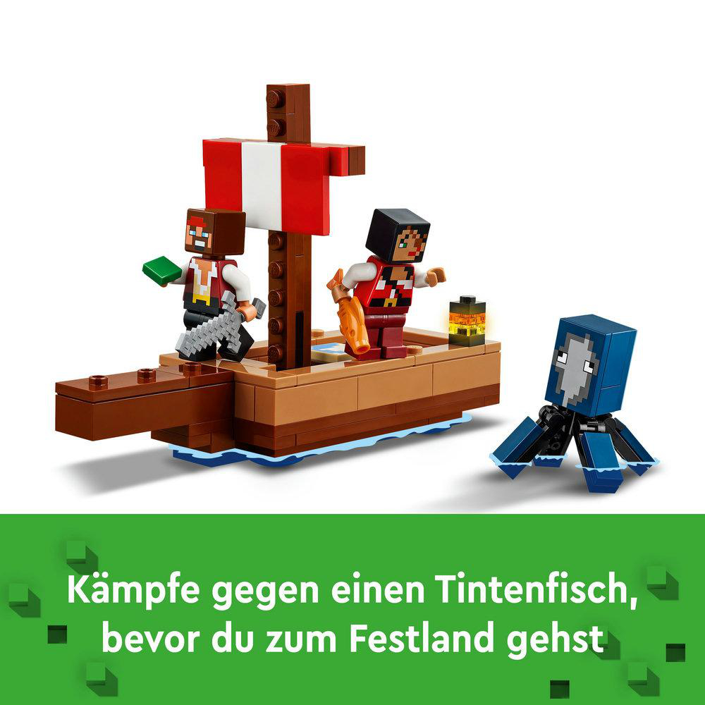 Lego-Set mit Boot, Figuren, Tintenfisch. Text: Kämpfe gegen einen Tintenfisch, bevor du zum Festland gehst.