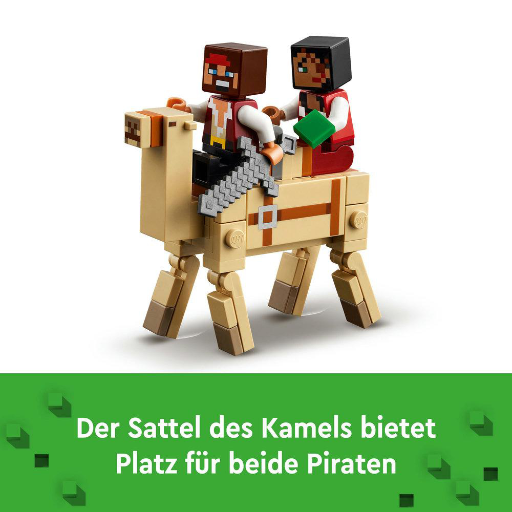 Lego Minecraft Set mit zwei Figuren auf einem Kamel, Text unten.