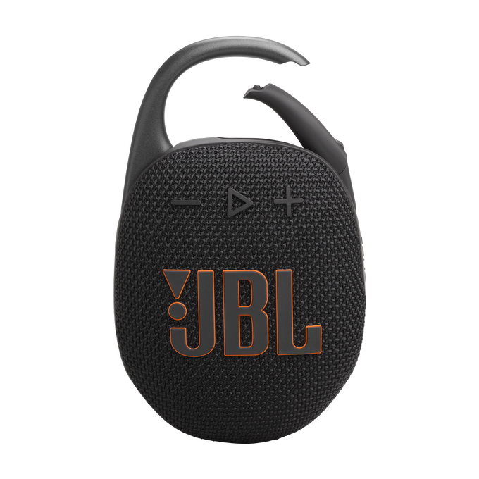 Turuncu JBL logosu ve siyah bir klipsi olan siyah bir JBL Clip hoparlör.