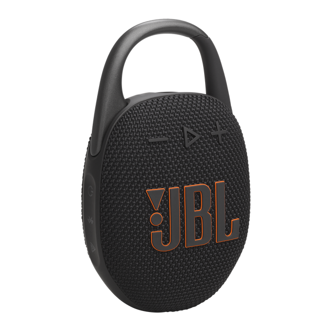 Siyah, oval şekilli bir JBL hoparlör, siyah bir taşıma sapı ve turuncu JBL logosu içeriyor.