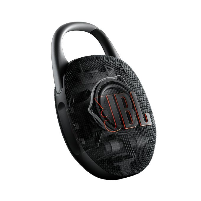 Siyah JBL Clip hoparlör. Karabin, JBL logosu ve iç bileşenler içerir.