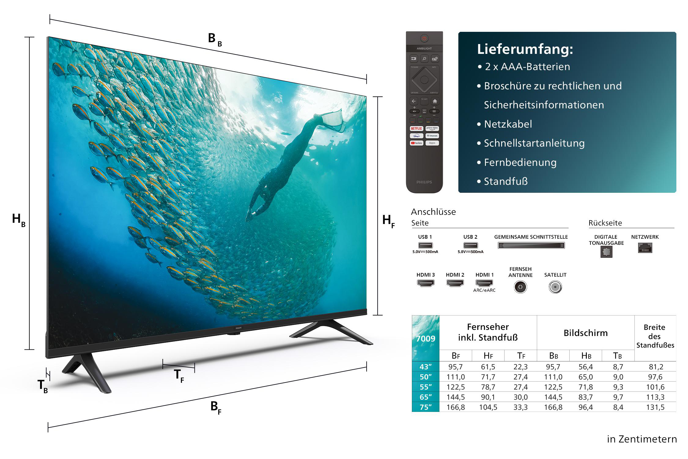 Fernseher mit Abmessungen und Funktionen. Eine Person taucht im Meer. Zusätzliche Komponenten.
