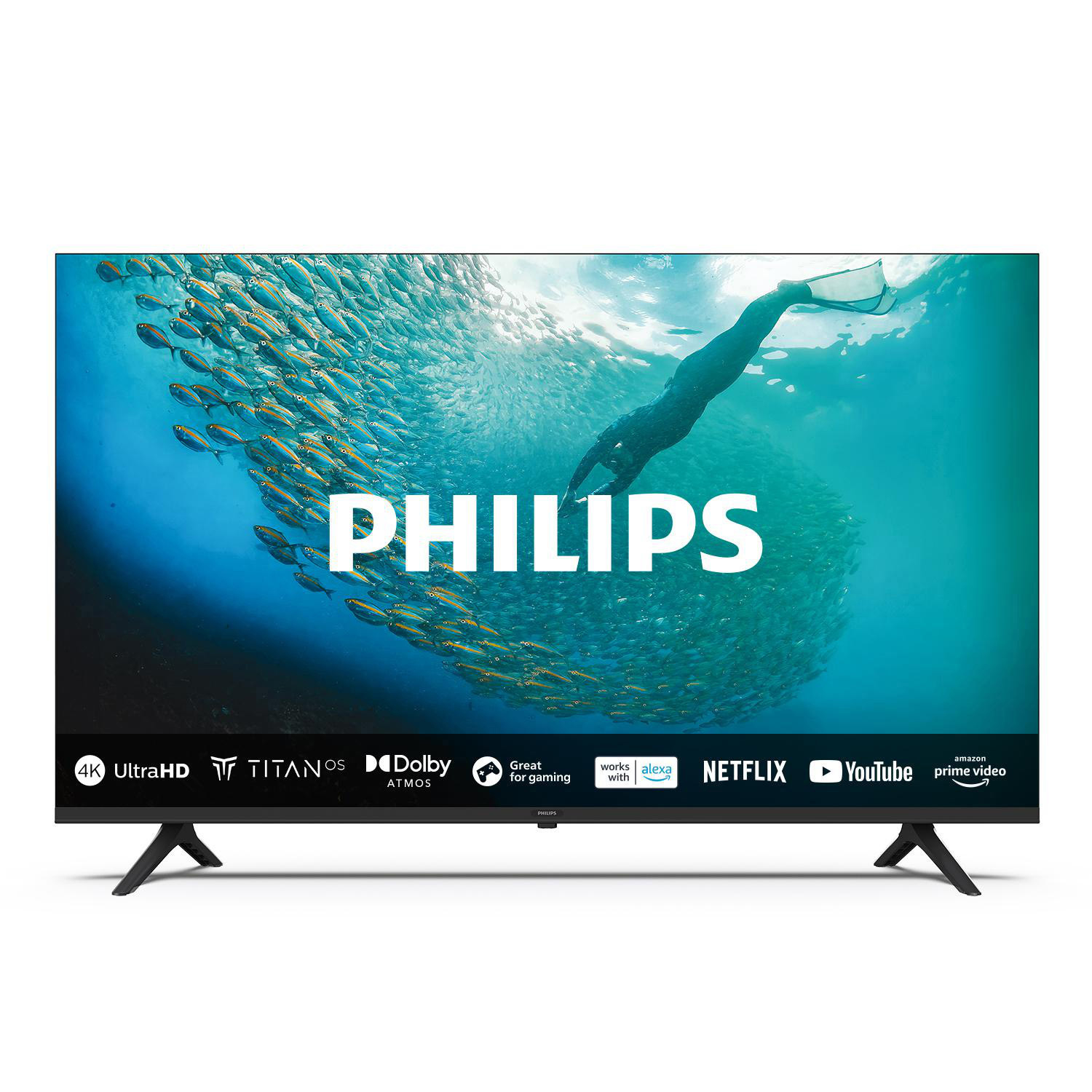 Ein schwarzer Philips-Fernseher zeigt eine Unterwasserszene.