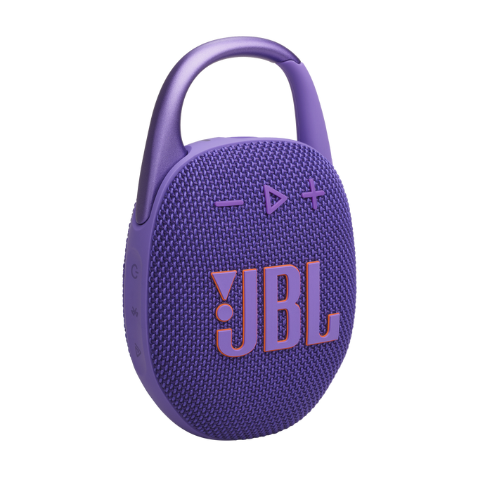 Mor JBL klips hoparlör, bir tutma sapı, düğmeler ve JBL logosu ile.