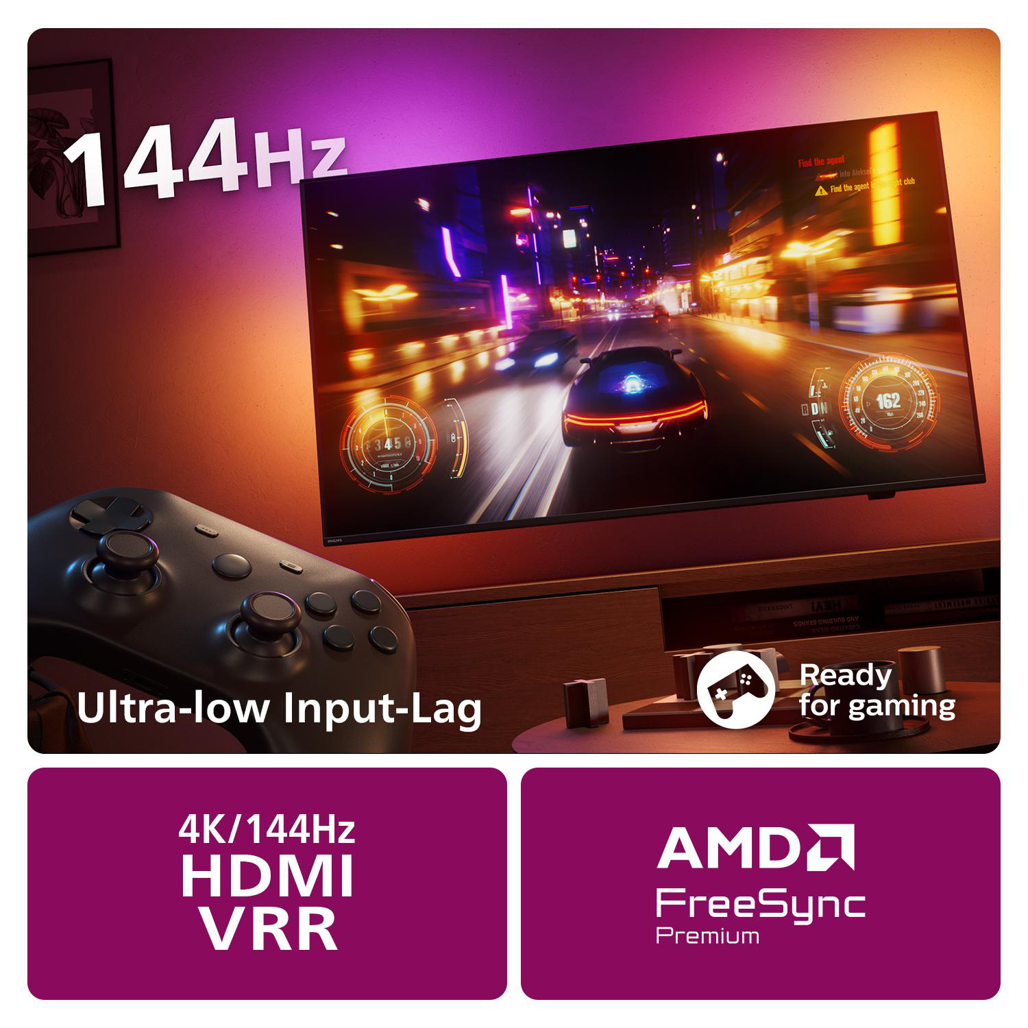 Ein Fernsehbildschirm mit einem Rennspiel. Ein Controller im Vordergrund.