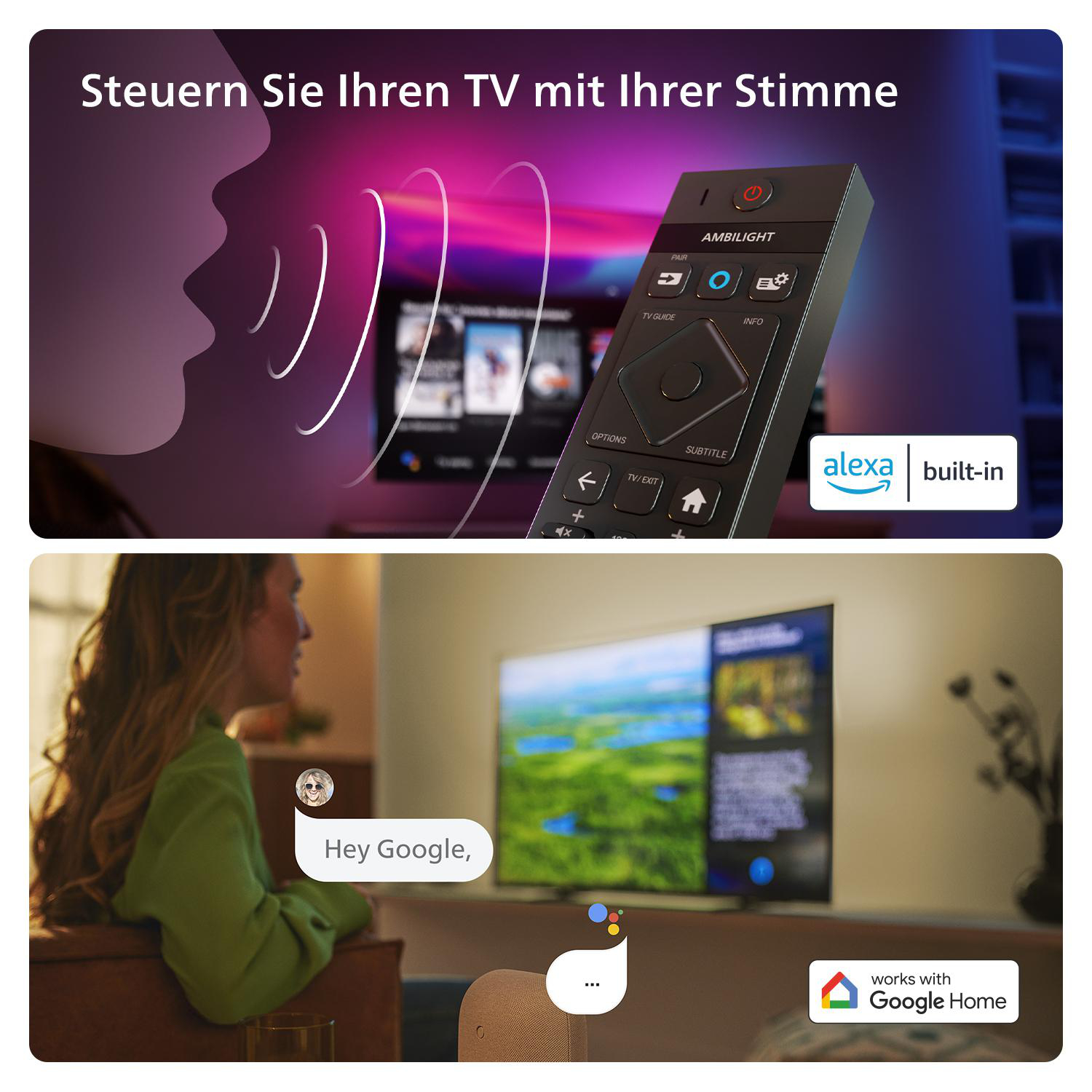 Eine Person spricht zu einer TV-Fernbedienung. Der Fernseher zeigt eine Google Home-Aufforderung.