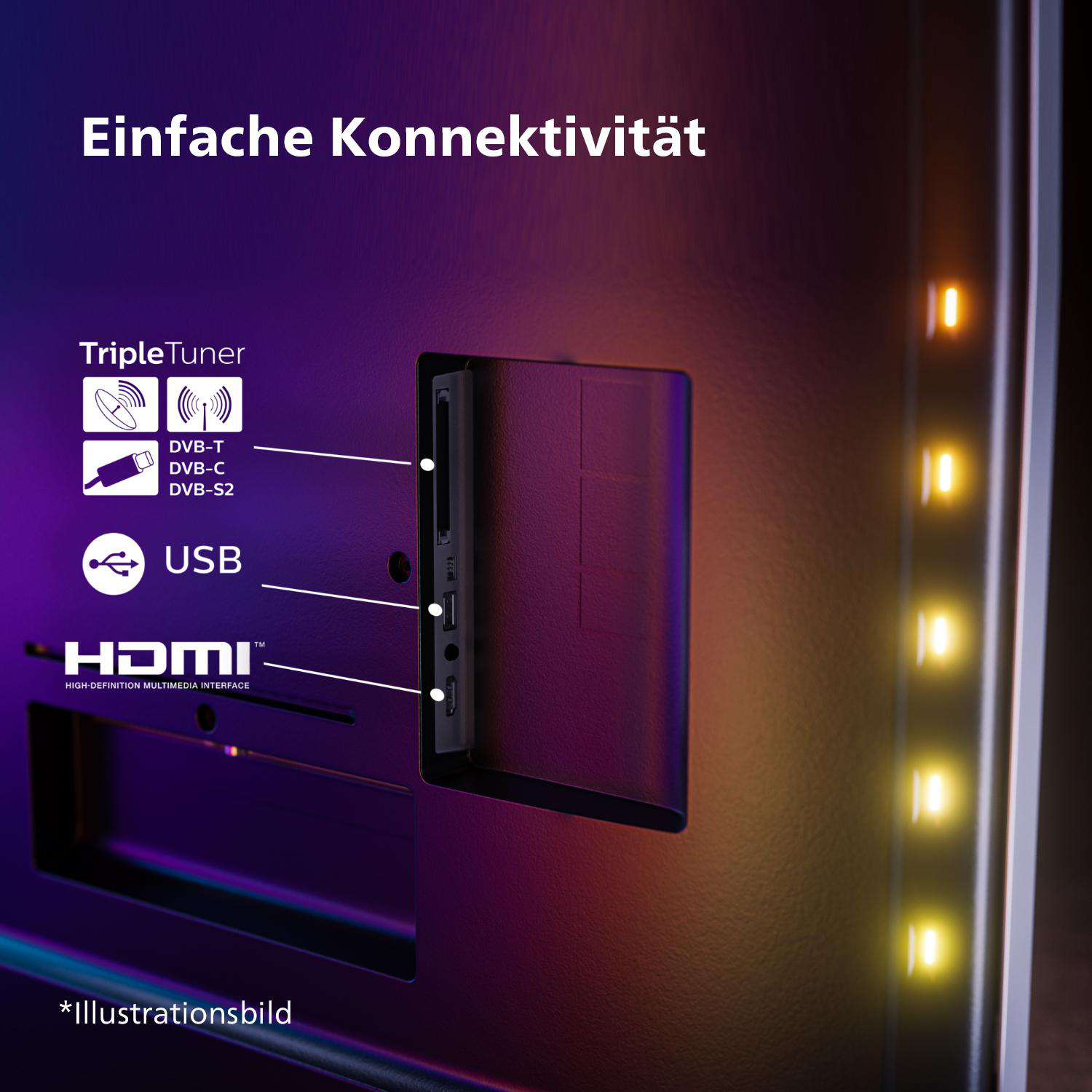 Rückwand des Fernsehers mit Anschlüssen, beschriftet mit Triple Tuner, USB und HDMI.