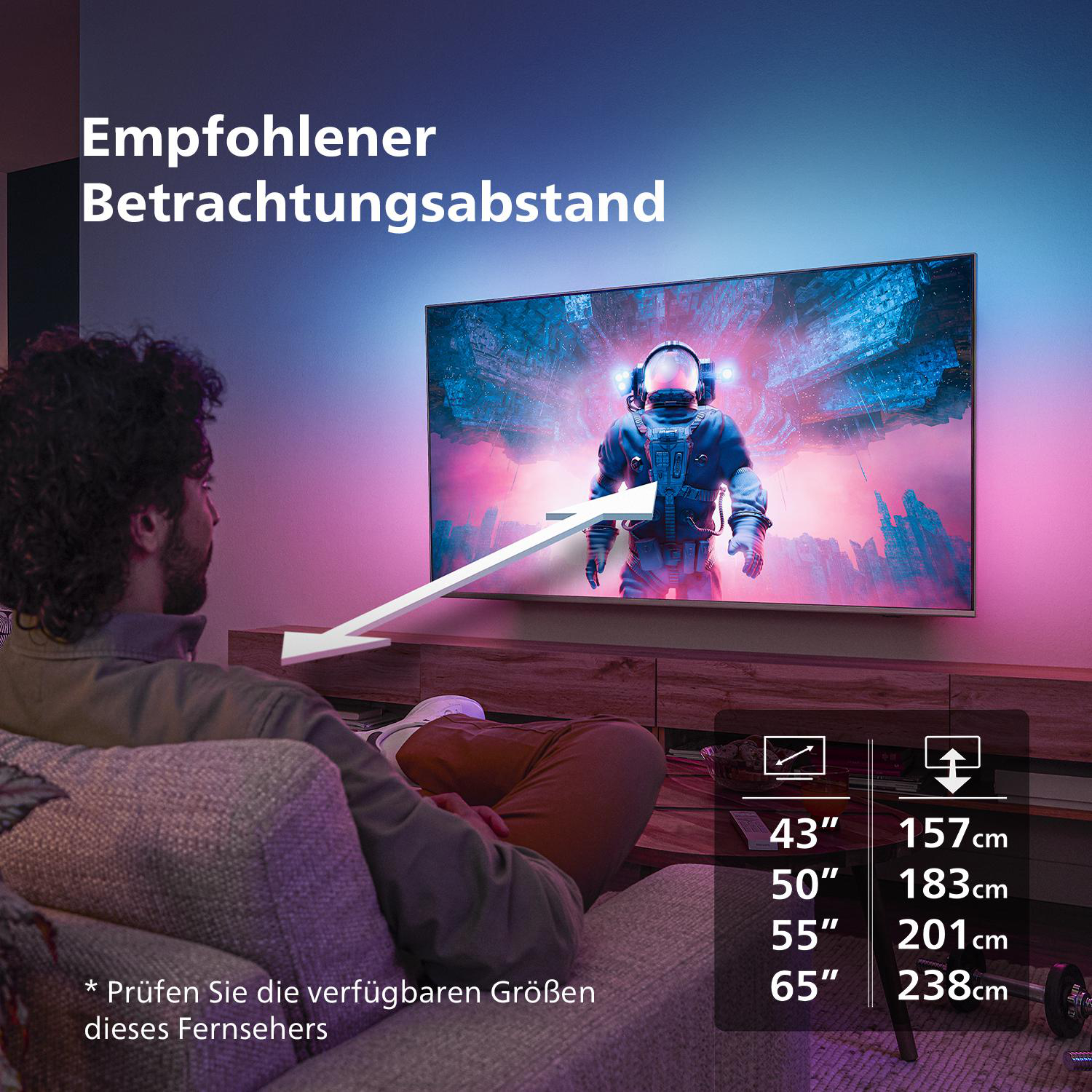 Ein Mann sieht fern. Der Fernseher zeigt einen Astronauten. Text, der die empfohlenen Betrachtungsabstände für Bildschirmgrößen angibt.