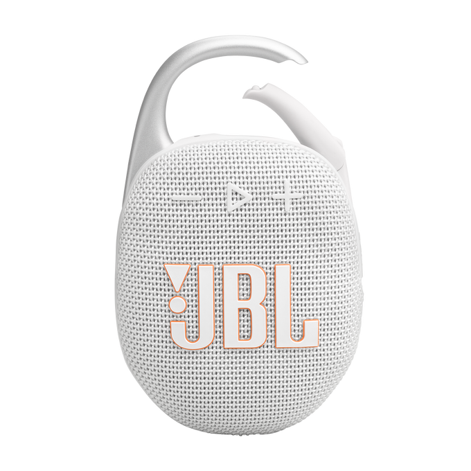 Beyaz ve gri JBL Clip hoparlör. Bir klips ve bir kancası var. JBL logosu turuncu renkte görünür.