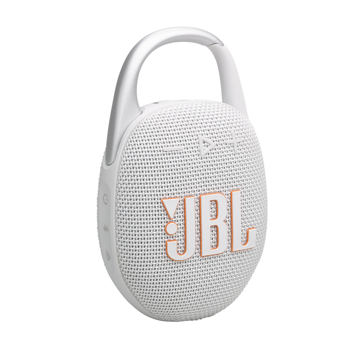 Metal kulplu beyaz JBL hoparlör, koyu arka plan.