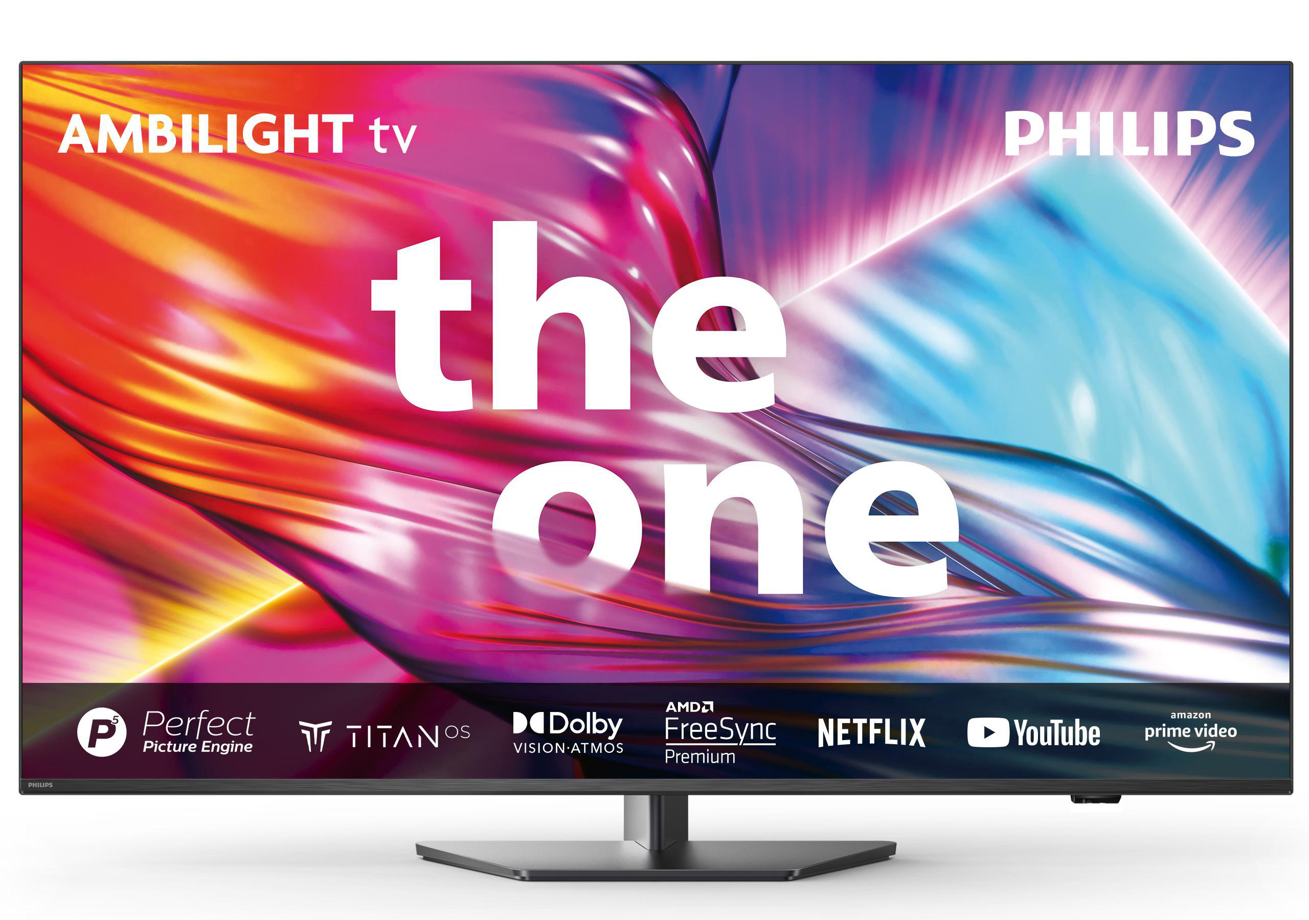 Philips TV. Das One-Modell. Bunter, abstrakter Hintergrund. Merkmale: Ambilight, Dolby, Netflix und mehr.
