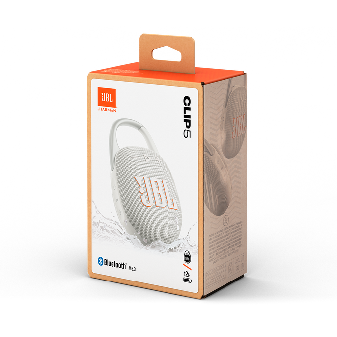 JBL Clip 5 hoparlör kutusu, içinde beyaz hoparlör, bir tutamak ve JBL logosu.