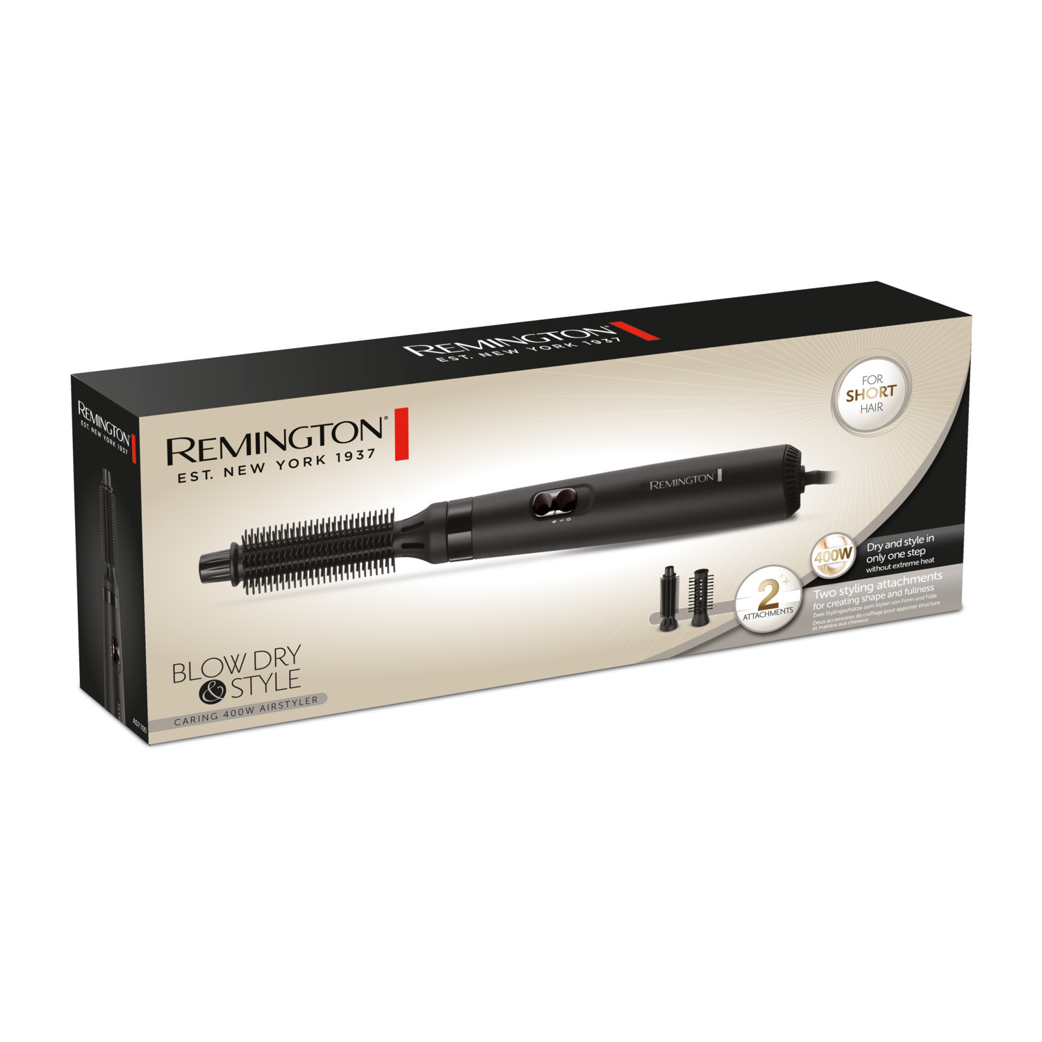 Une boîte d'un styler Remington à séchage par soufflage. Il est noir et possède des accessoires pour différents styles.