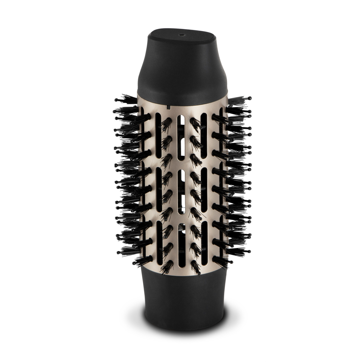 Gros plan sur une brosse à coiffer noire et argentée avec des poils autour du cylindre.