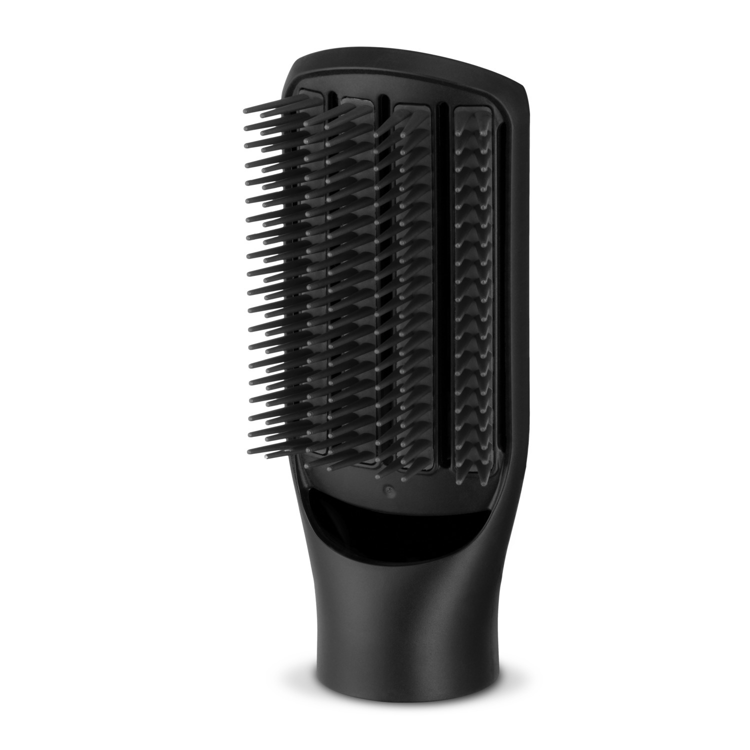 Accessoire de sèche-cheveux noir avec un design en forme de peigne, incliné vers le spectateur.