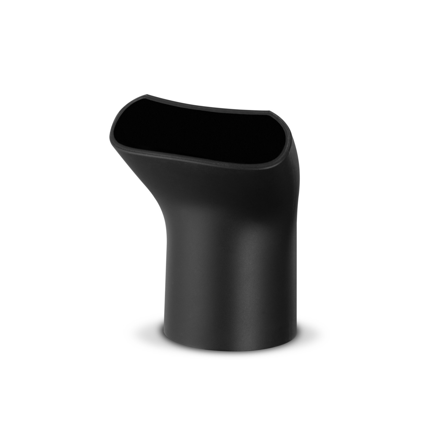 Une buse noire et incurvée, probablement pour un sèche-cheveux, isolée sur une surface blanche.