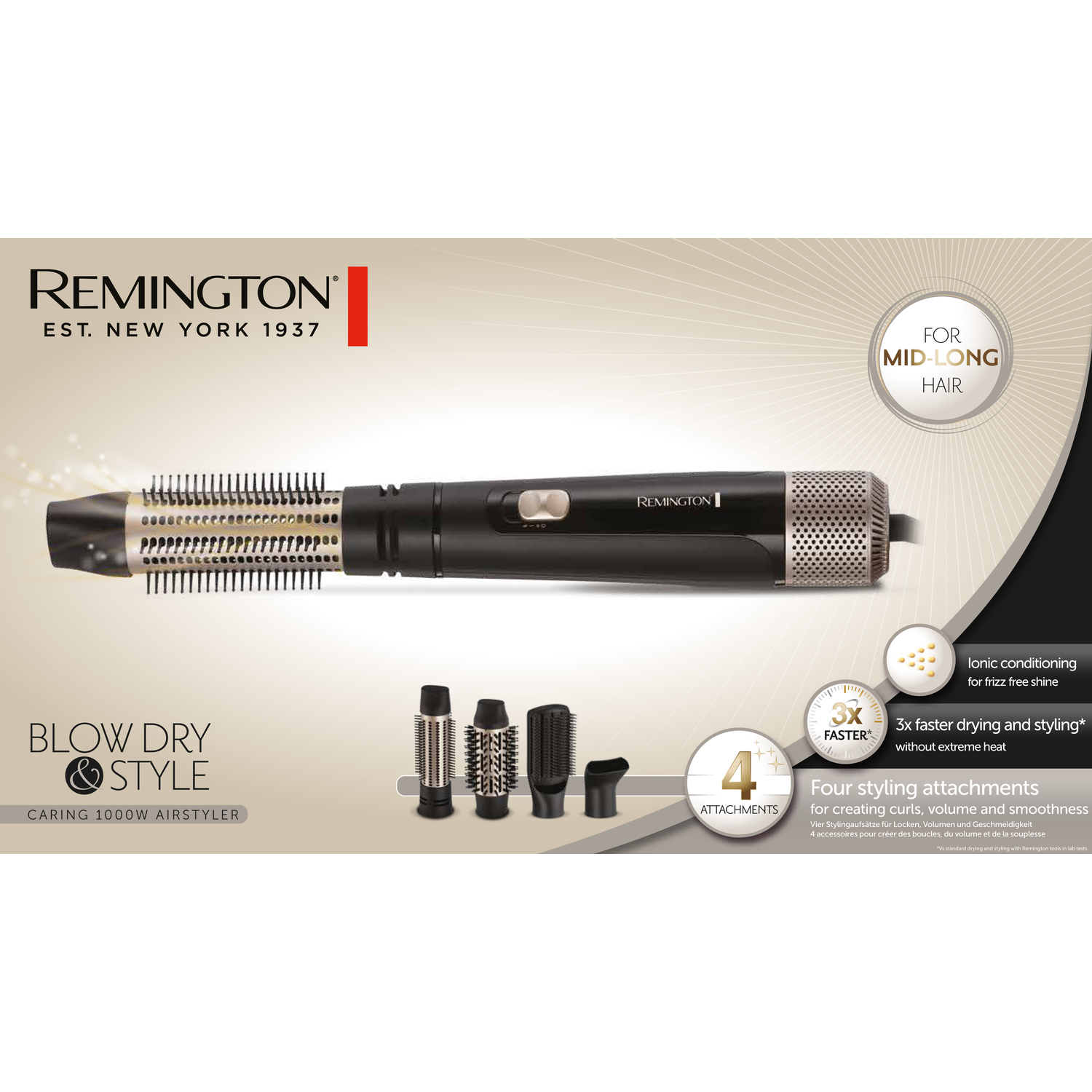 Fer à lisser Remington noir et argent avec accessoires et texte sur ses caractéristiques.