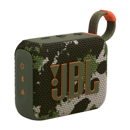 Küçük JBL hoparlör, kamuflaj tasarımı, turuncu vurgular ve taşıma kayışı ile.