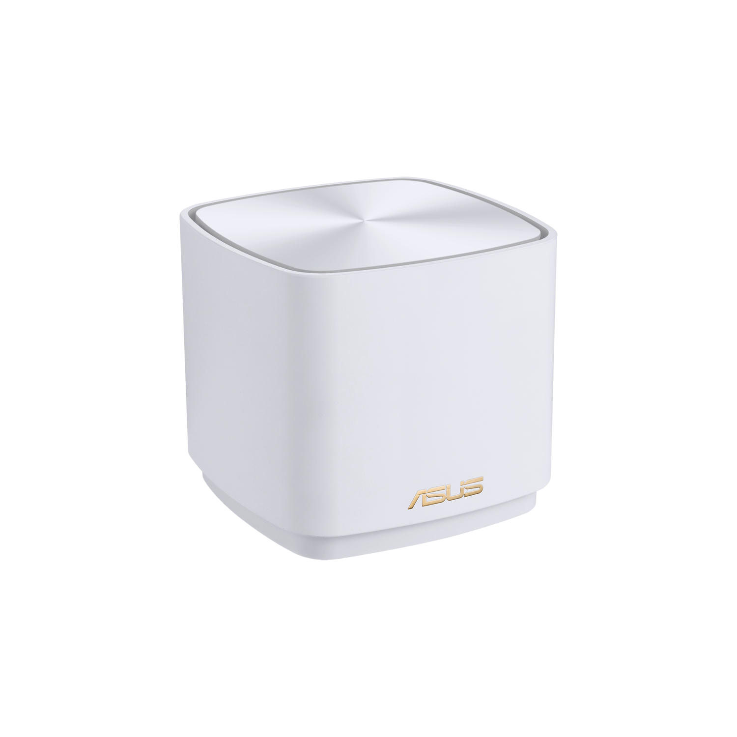 A white router with a silver top has the ASUS logo. It is a cube shape and set against a black background.