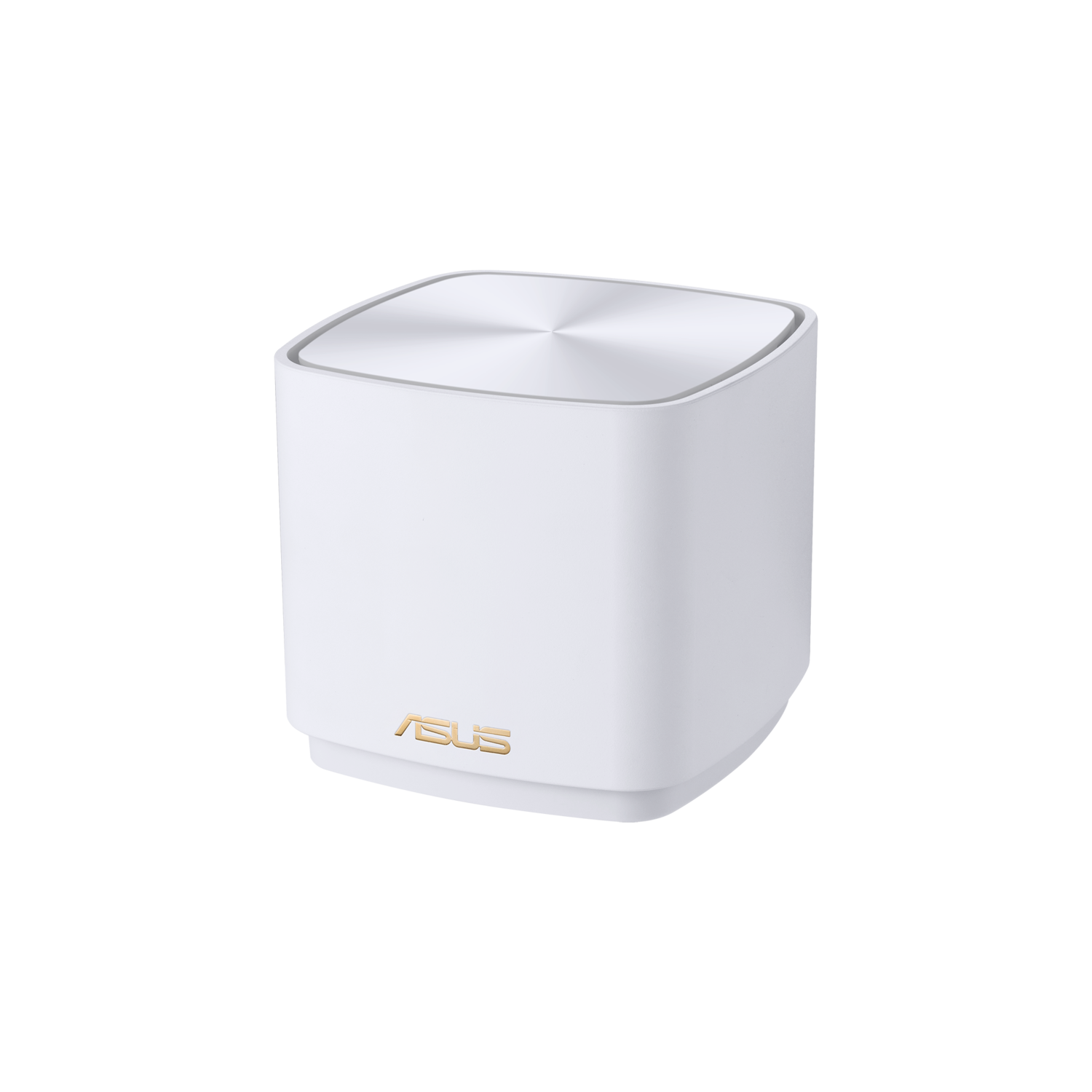 White cube-shaped ASUS router. Gold ASUS logo. Black background.