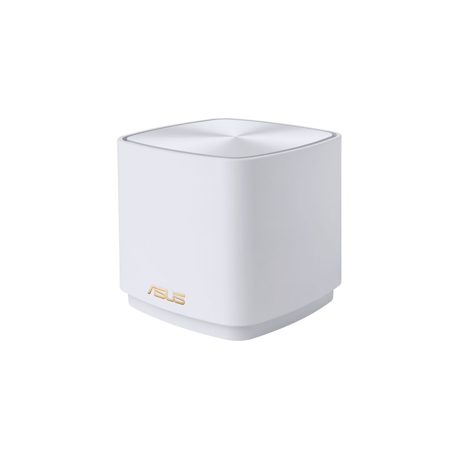 White cube-shaped ASUS router, with a silver top, and gold ASUS logo on a black background.