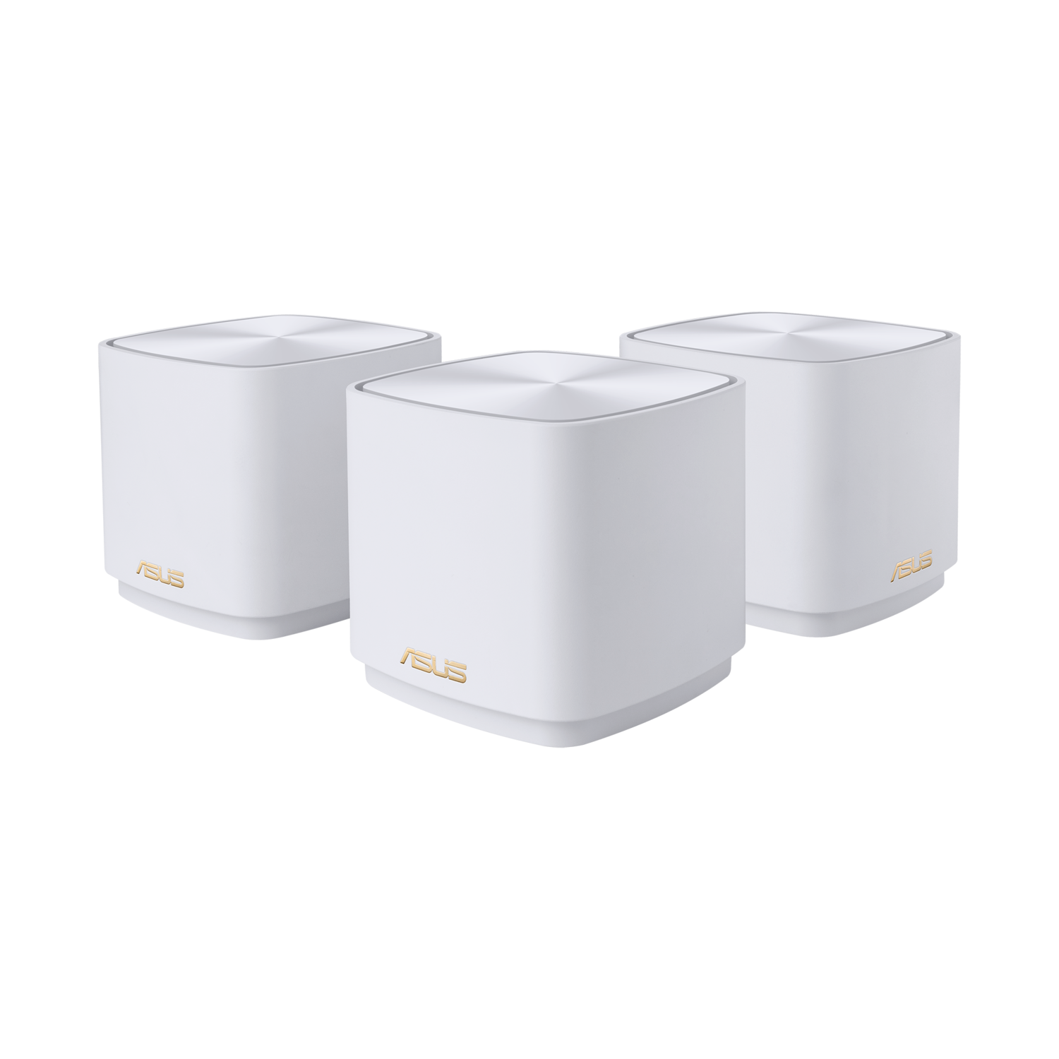 Three white ASUS mesh WiFi routers, cube-shaped, with gold ASUS logos.