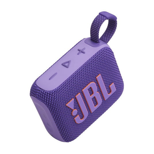 Mor JBL Clip 4 hoparlör. Bir tutamağı, düğmeleri ve turuncu JBL logosu var.