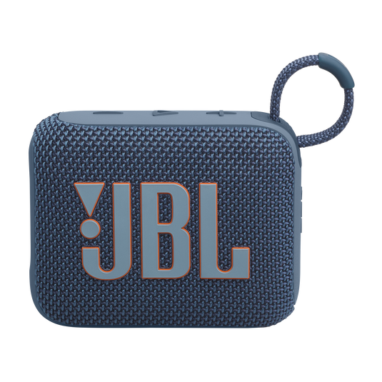 Mavi JBL hoparlör. Hoparlör kare şeklinde. JBL logosu turuncudur.