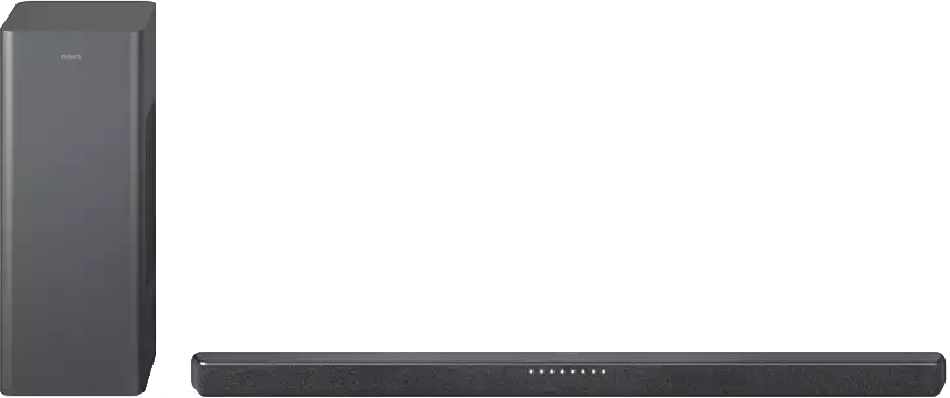 Soundbar és mélynyomó. A soundbar fekete, hosszú és vékony. A mélynyomó egy fekete, függőleges téglalap.