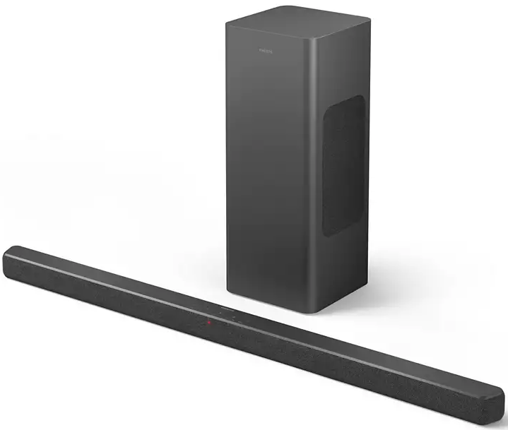 Fekete soundbar és mélynyomó rendszer fehér háttérrel.